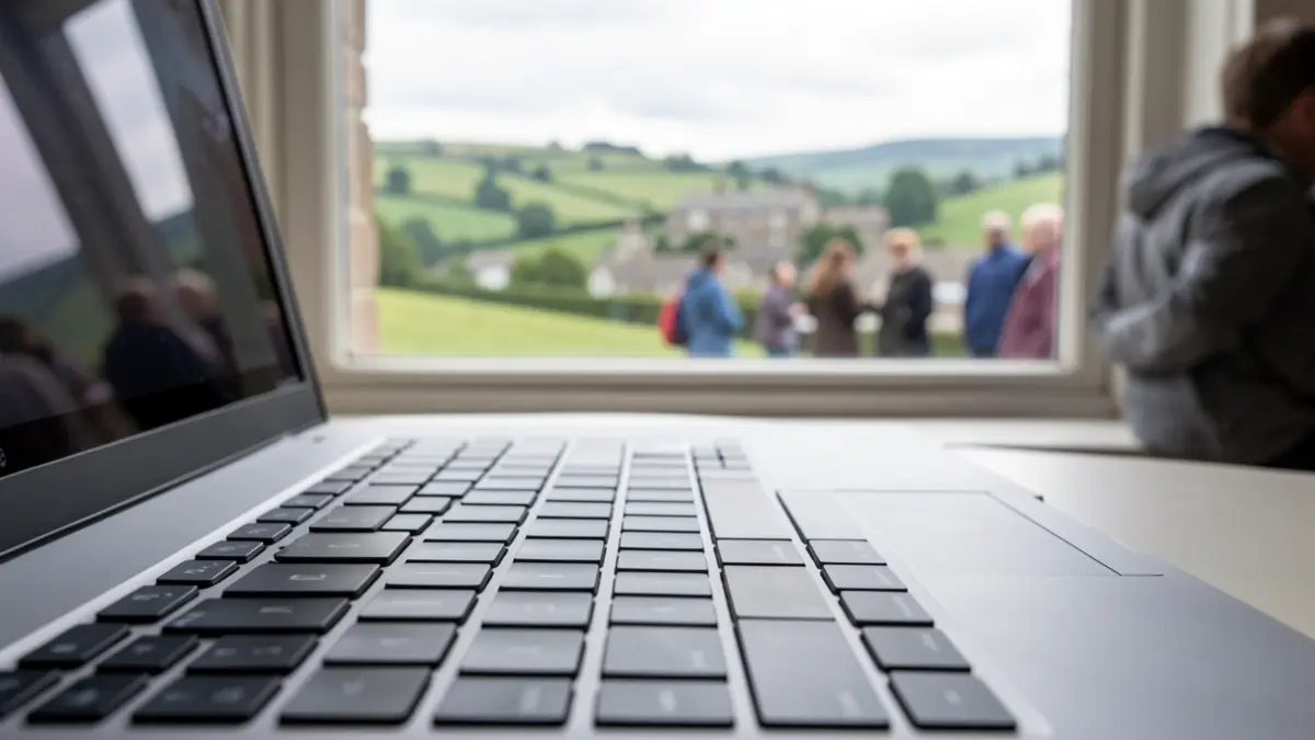 Close-up of a laptop keyboard with a blurred Yorkshire and the Humber landscape in the background.