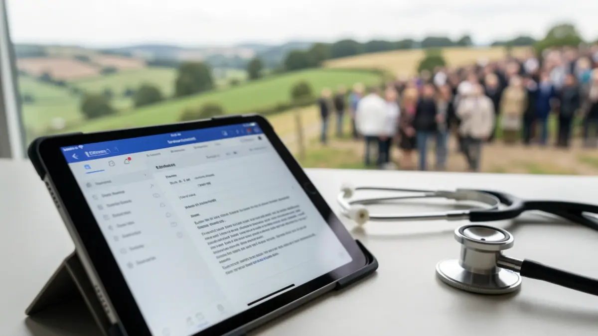 Generic image of a medical tablet displaying a blurred clinical note interface, with a blurred stethoscope and a Yorkshire landscape visible in the background.