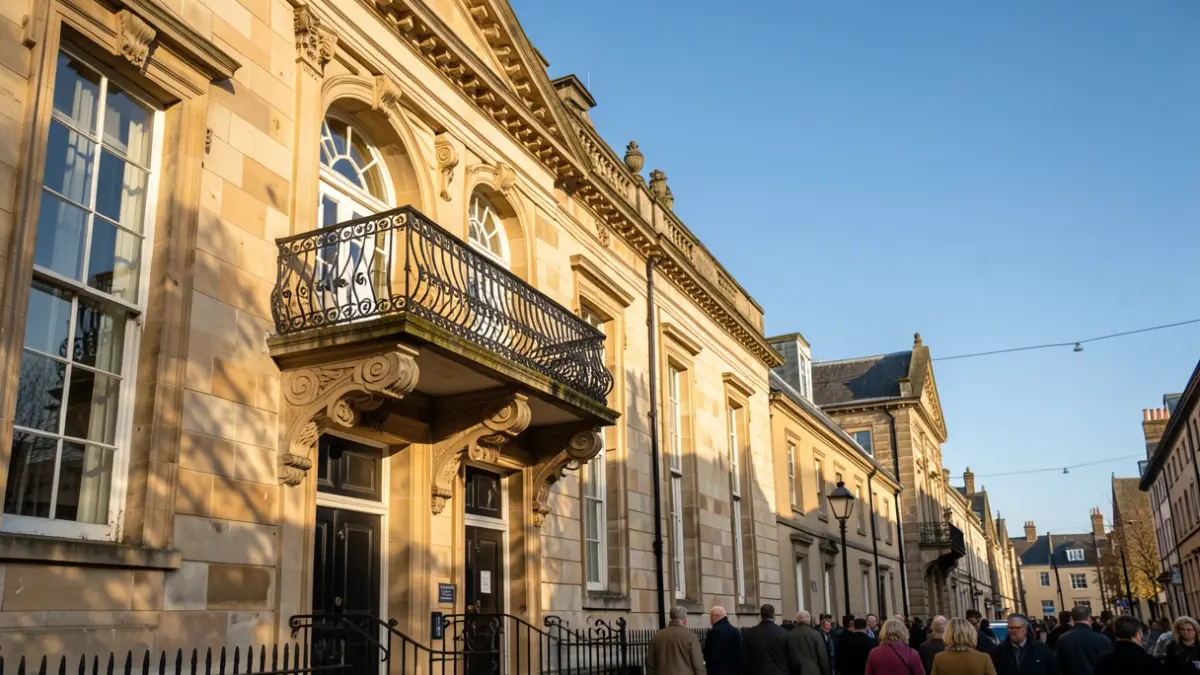 Generic image of a traditional stone building facade with architectural details and sunlight.