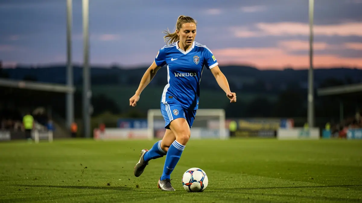 Generic image of a female footballer training on a pitch with stadium lights.