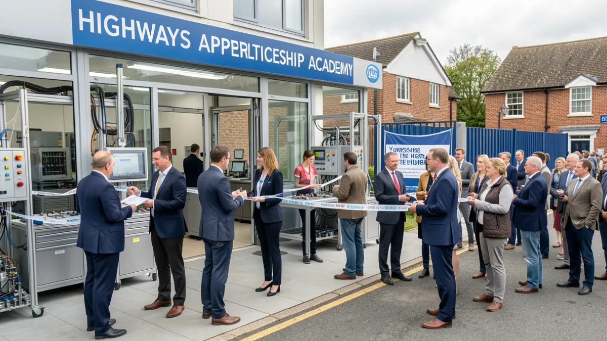 New Highways Apprenticeship Academy facility with apprentices and industry partners.
