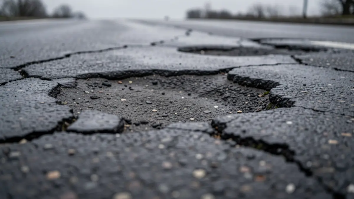 Generic image of a damaged road surface with visible potholes.