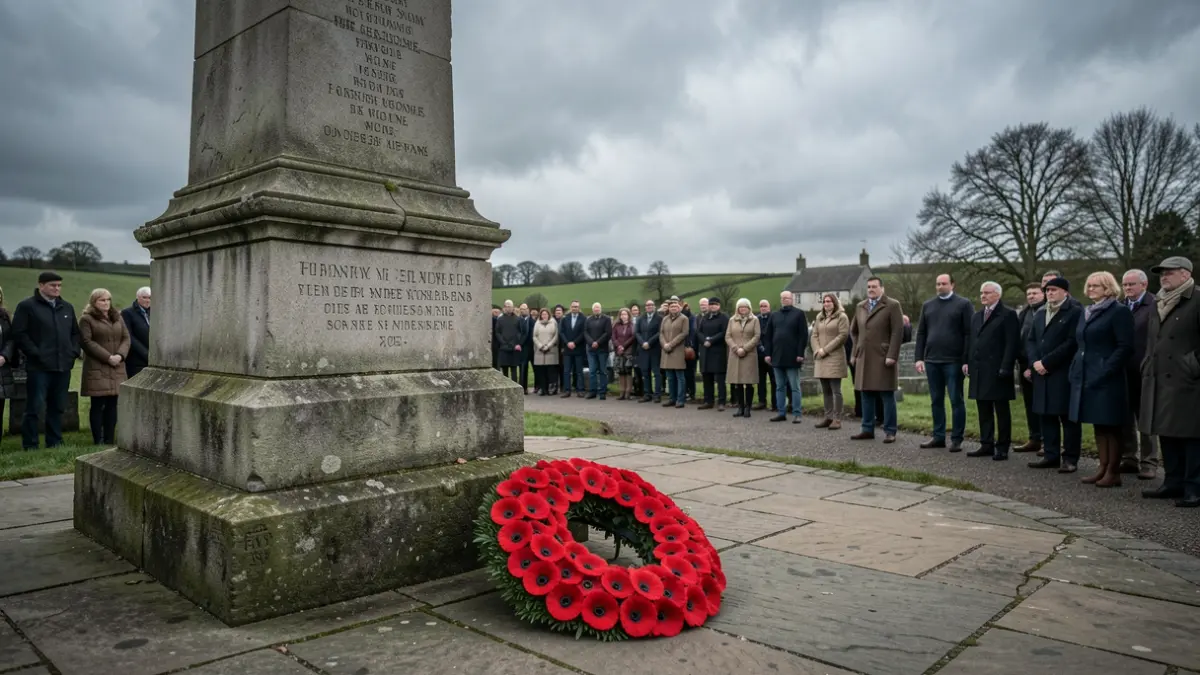 Generic image of a war memorial with a wreath of poppies, under a moody sky.