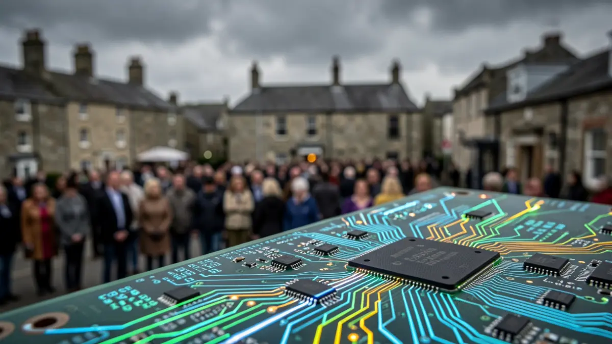 Generic image of a digital circuit board with glowing data lines, and a blurred background of Yorkshire cityscapes.