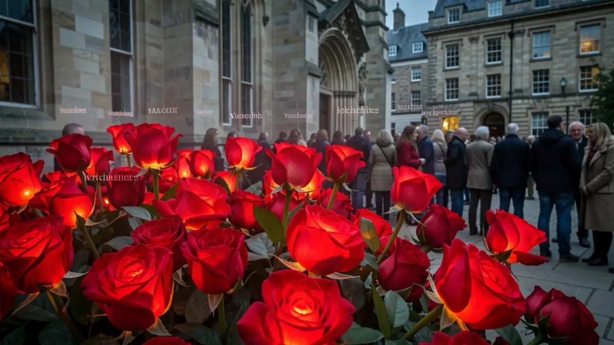 Generic image of illuminated red roses in a public space, with subtle atmospheric effects suggesting remembrance.