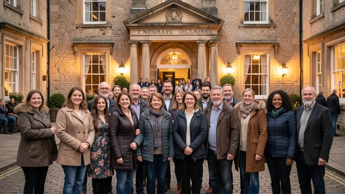 Generic image of a diverse group of people standing together in front of a building, promoting unity and support. No proper names or specific locations are depicted.