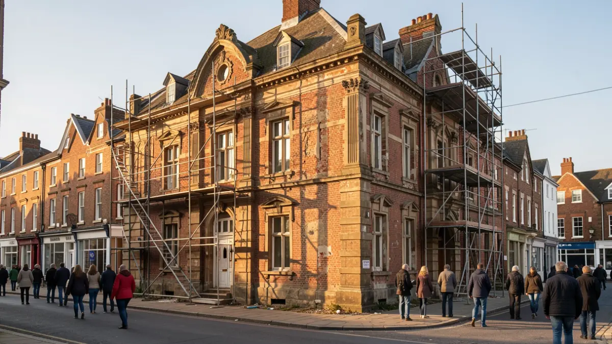 Generic image of a historic building facade with scaffolding, suggesting redevelopment and preservation efforts.