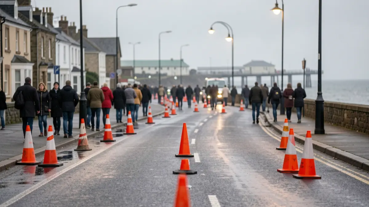 Generic image of roadworks on a coastal street with traffic management measures in place.