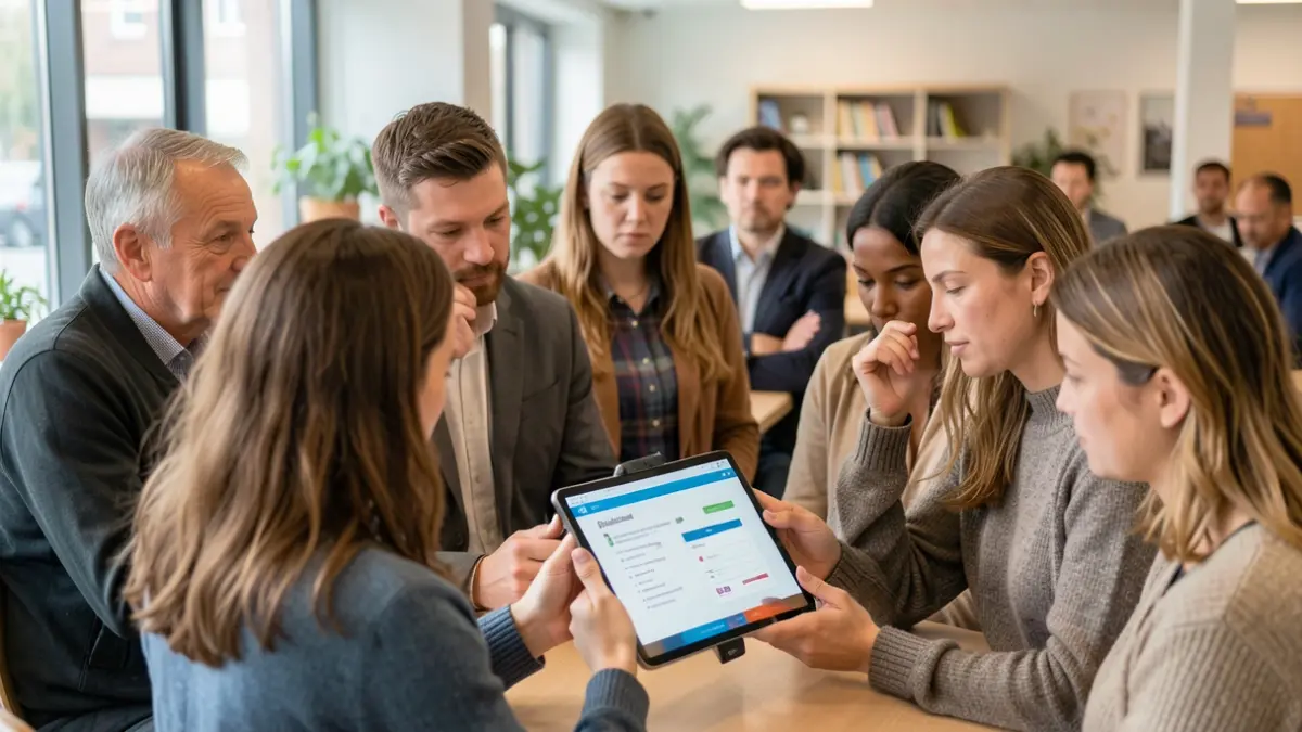 Generic image of a diverse group of people looking at a tablet displaying a survey, in a softly lit community setting.