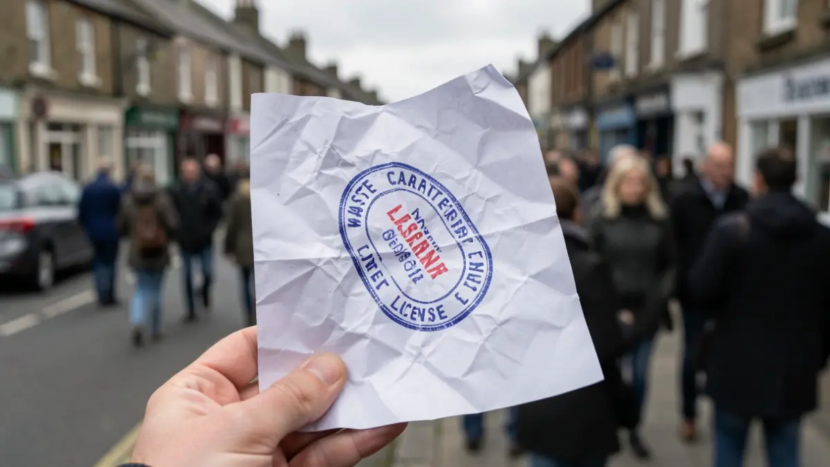 A fake waste carrier licence being held, highlighting the issue of fly-tipping.