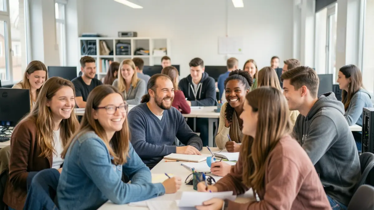 Generic image of a diverse group of students and tutors in a modern learning environment.