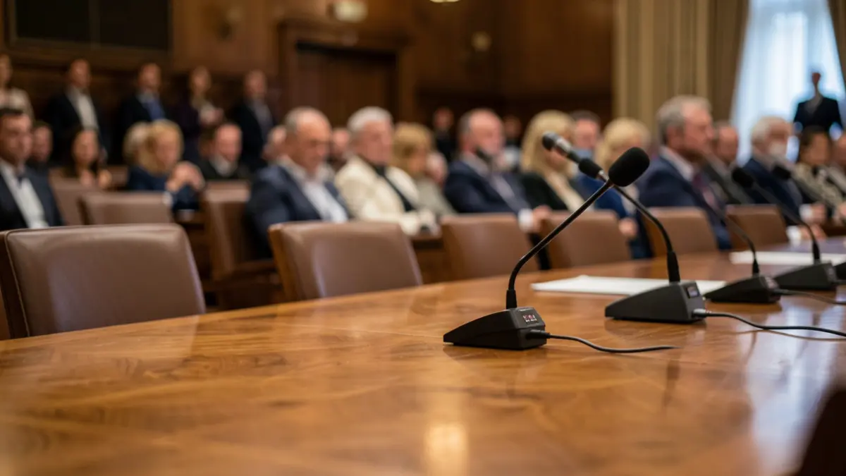 Generic image of a parliamentary committee hearing room with microphones on a table.