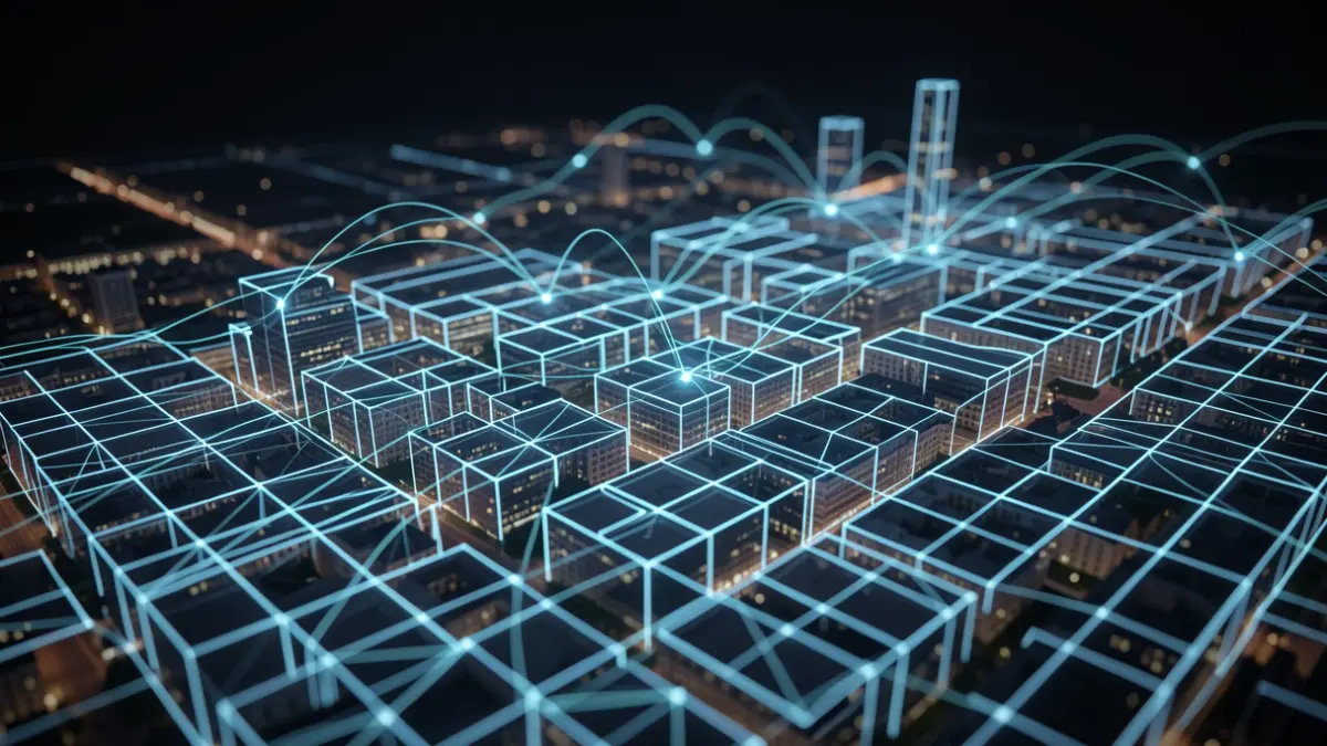 Abstract visualisation of digital twin cities with glowing geometric grids and data streams.