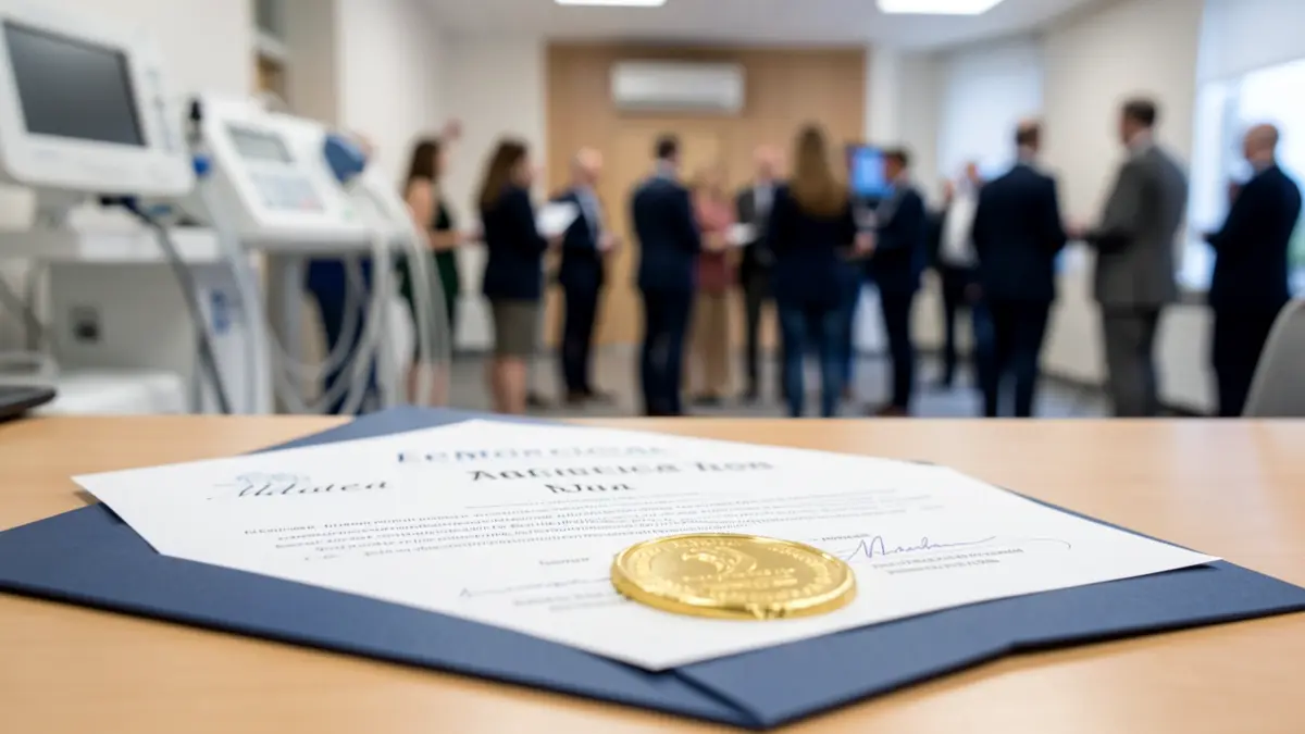 Generic image of a medical accreditation certificate with a golden seal.