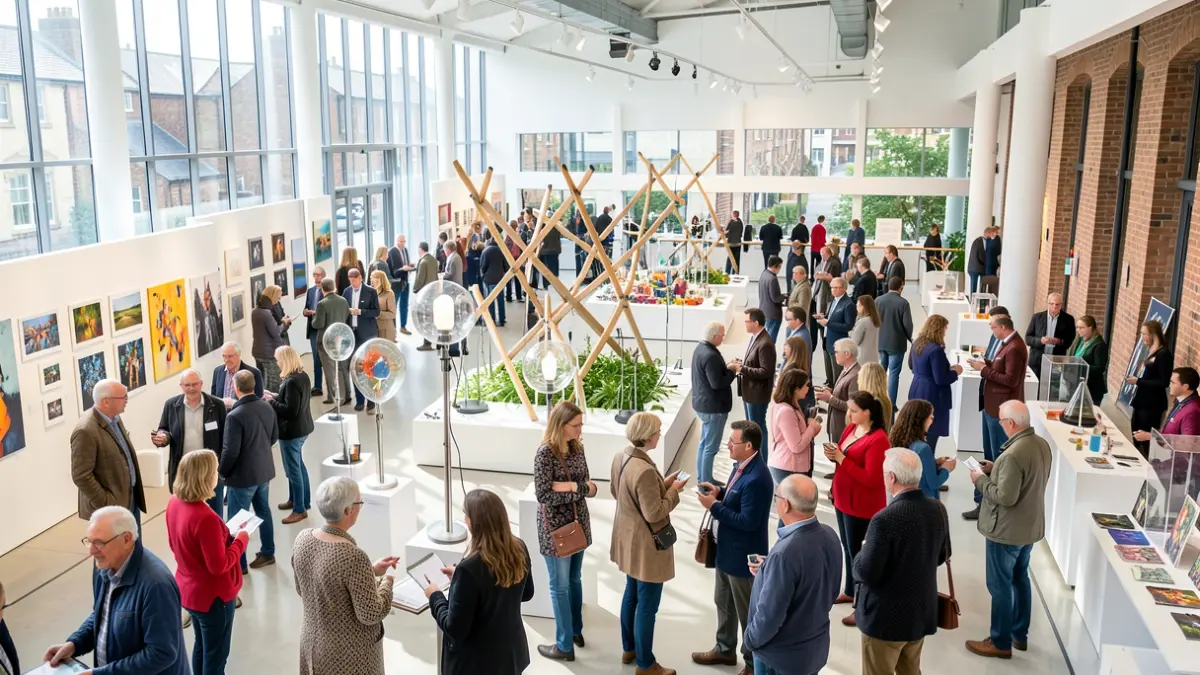 Generic image of a diverse crowd of people engaging with artistic installations in a public space.