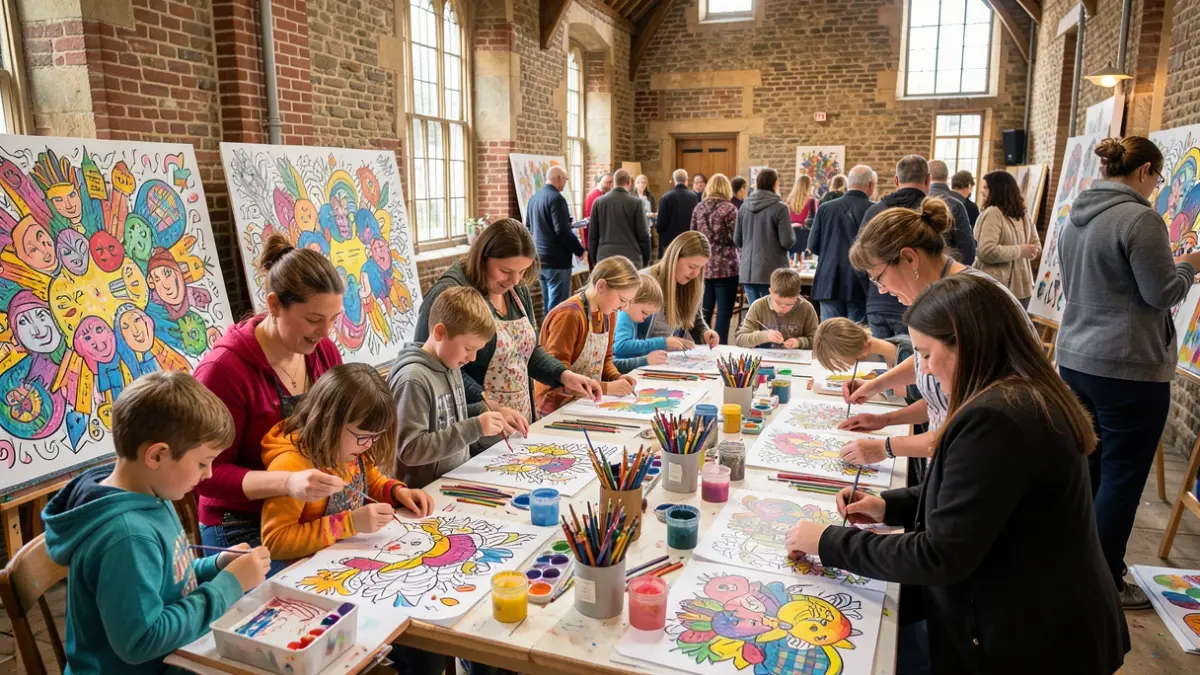 Generic image of a creative art workshop with participants of diverse ages and backgrounds engaged in doodle art.