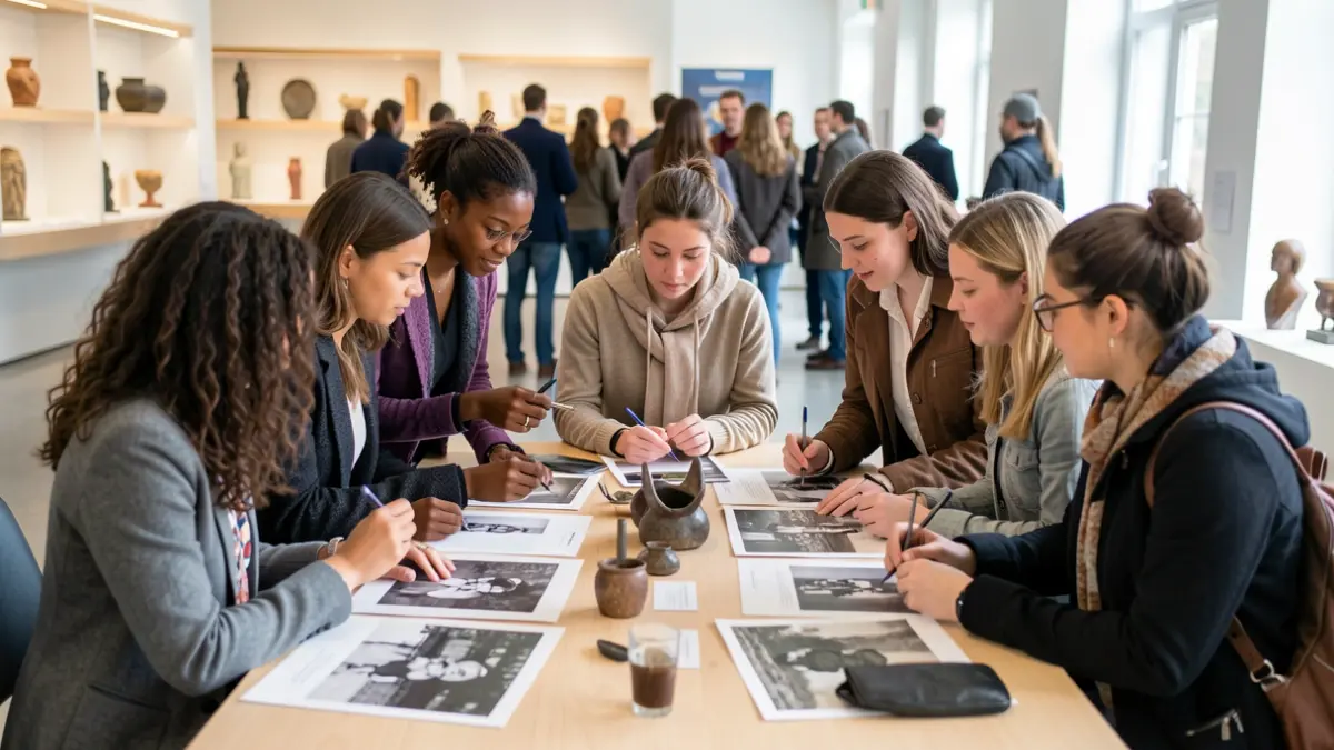 Young women working together on an exhibition about inspirational local women in Grimsby.