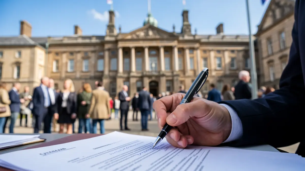 Generic image of a hand signing a document with a pen, with a blurred background of a building facade and a blue sky.