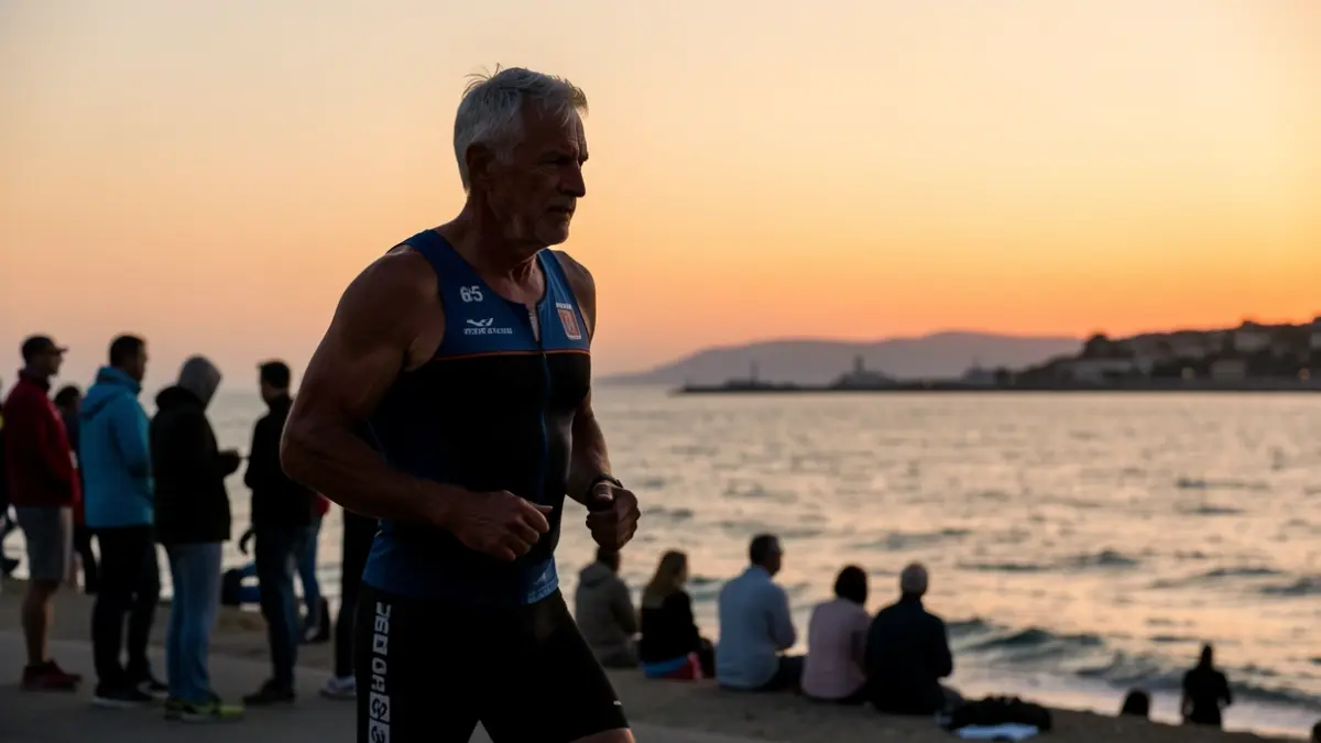 Generic image of a determined man in athletic gear silhouetted against a coastal sunset, preparing for a triathlon.