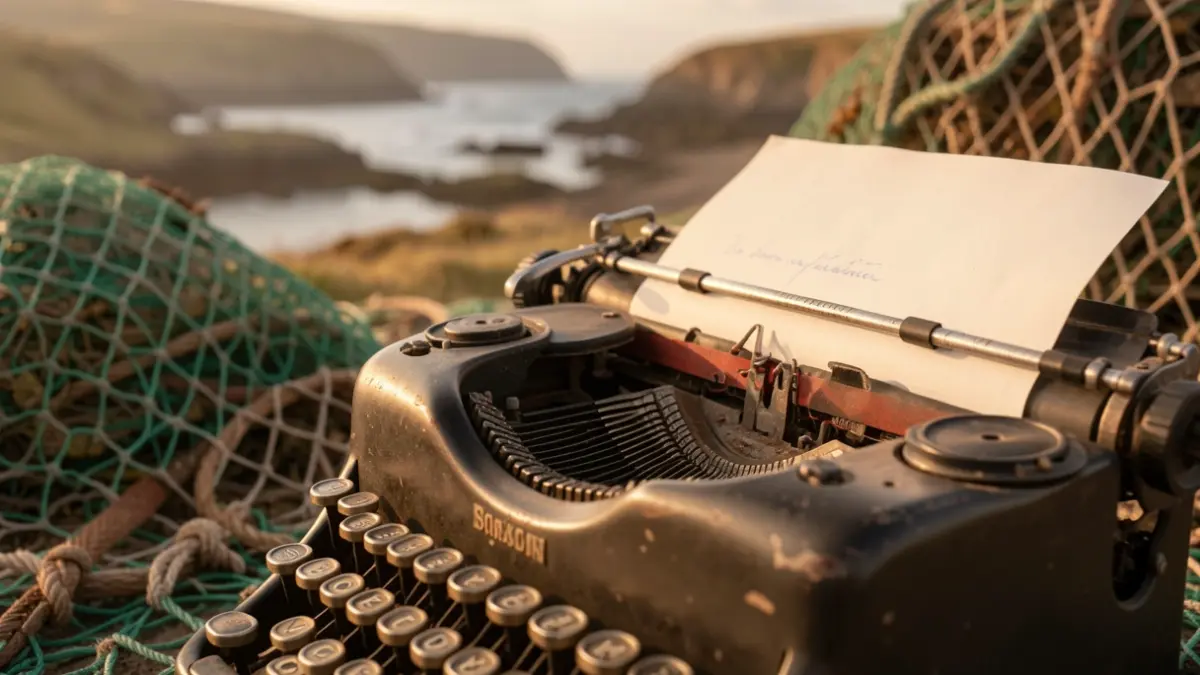 Generic image of a vintage typewriter with a partially written letter, with blurred fishing nets and a hint of a coastline in the background.