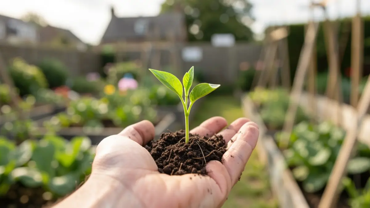 A hand holding a green seedling, representing the Growing Together Fund in Grimsby.