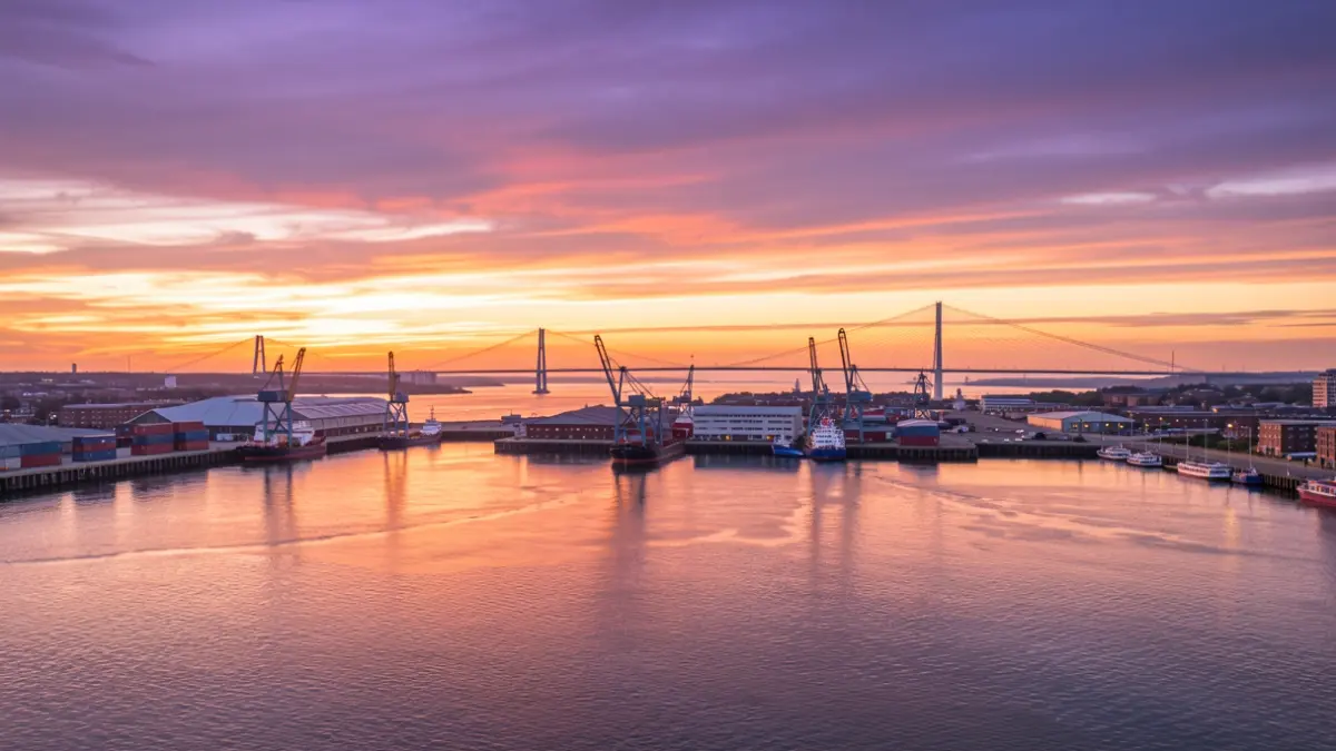 Grimsby docks and harbour at sunset, with the Humber Bridge in the distance.