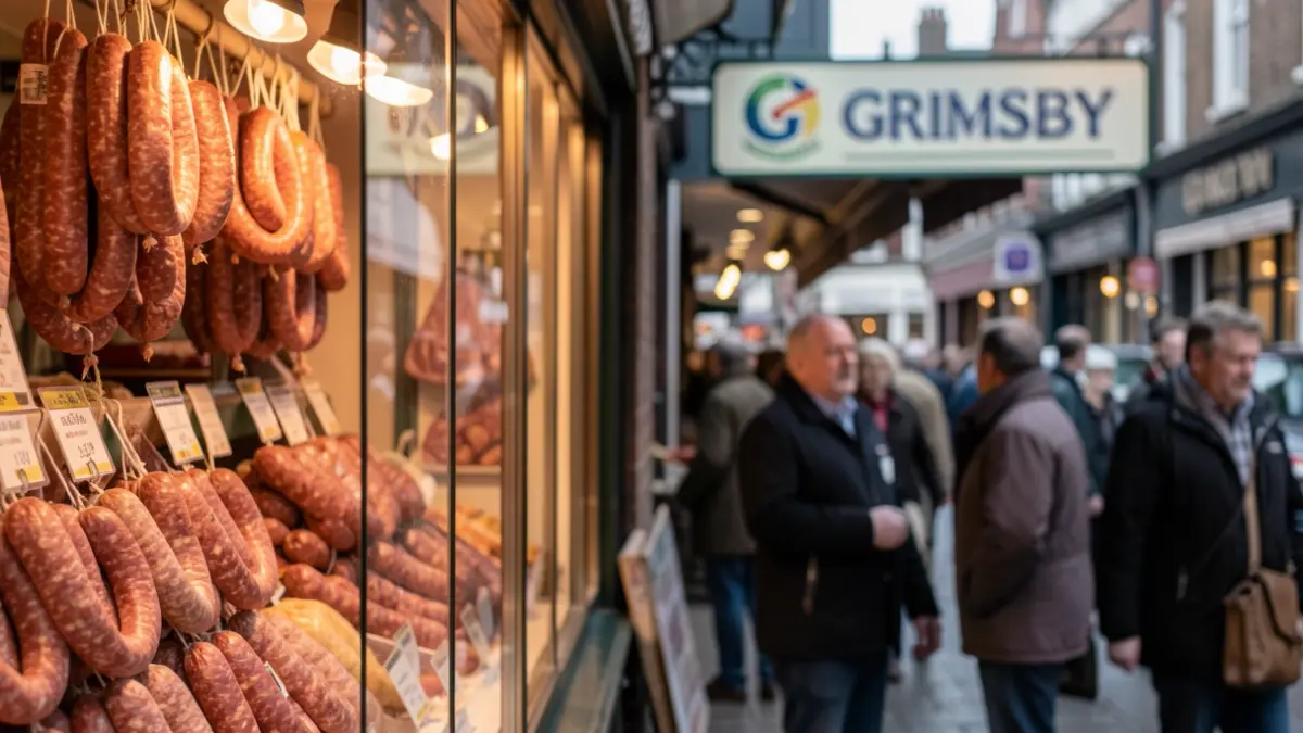 Generic image of a butcher's shop display with sausages and a town sign in the background.