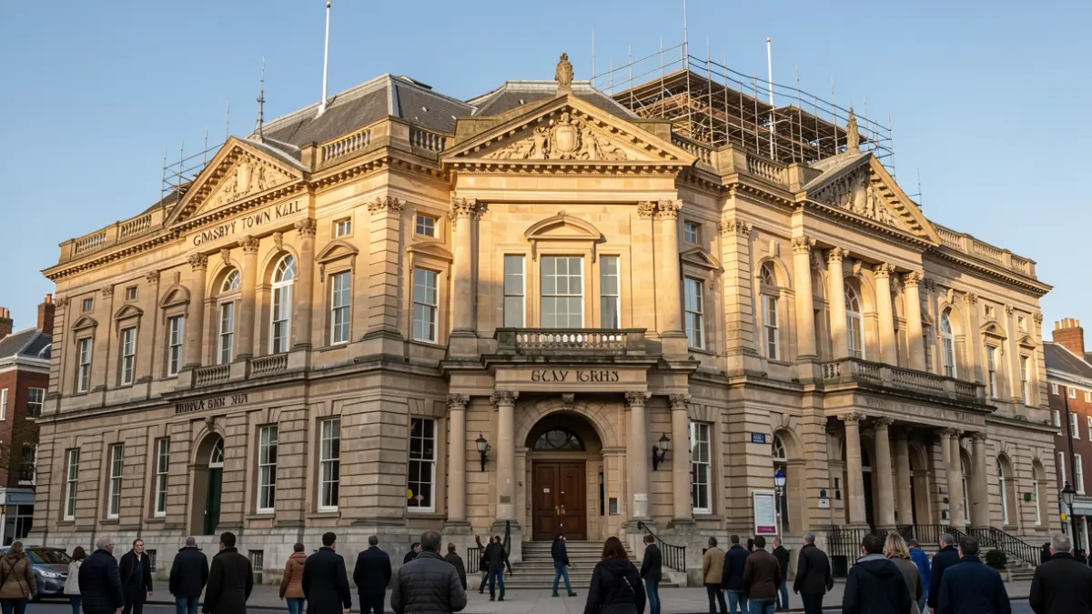 Generic image of the stone facade of a town hall with scaffolding on the roof.