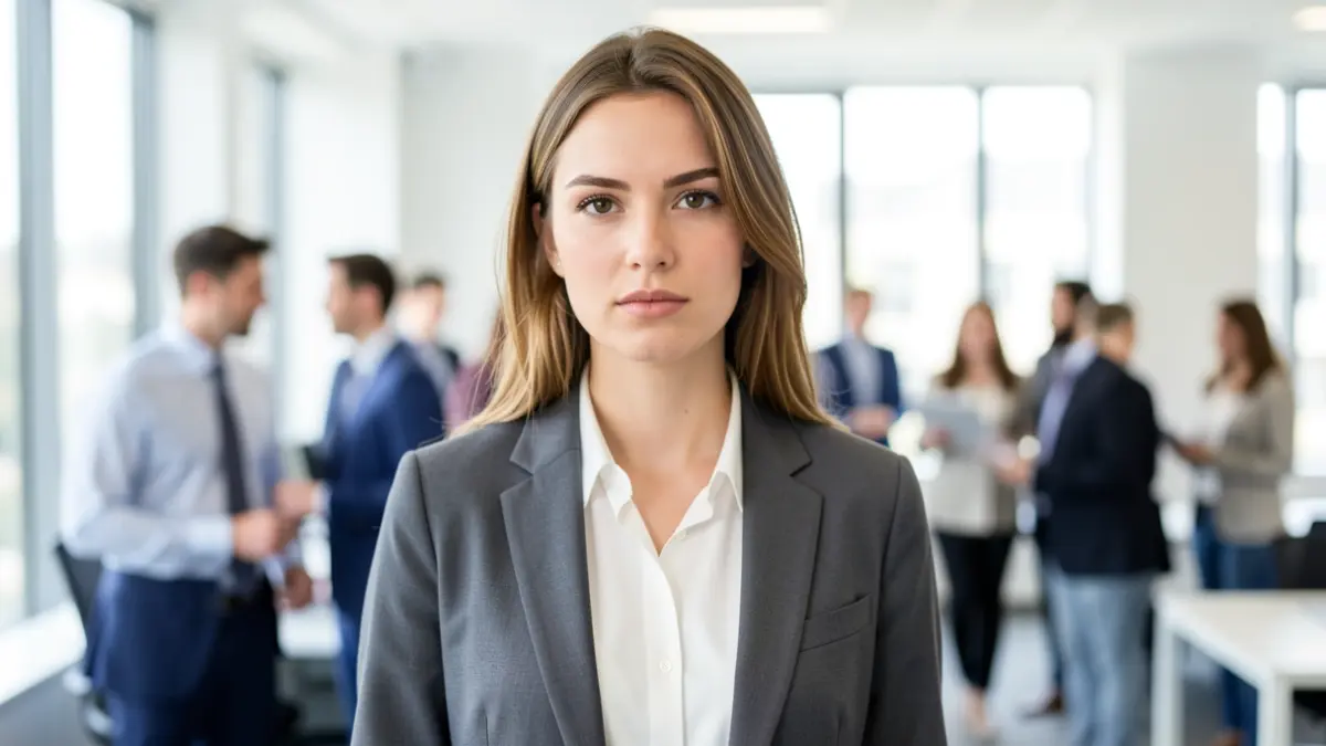 A young woman looking confident in an office setting, representing her new apprenticeship.