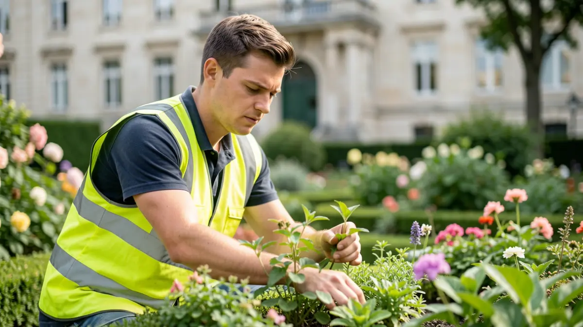 Generic image of a young man working in a garden with a council building in the background.