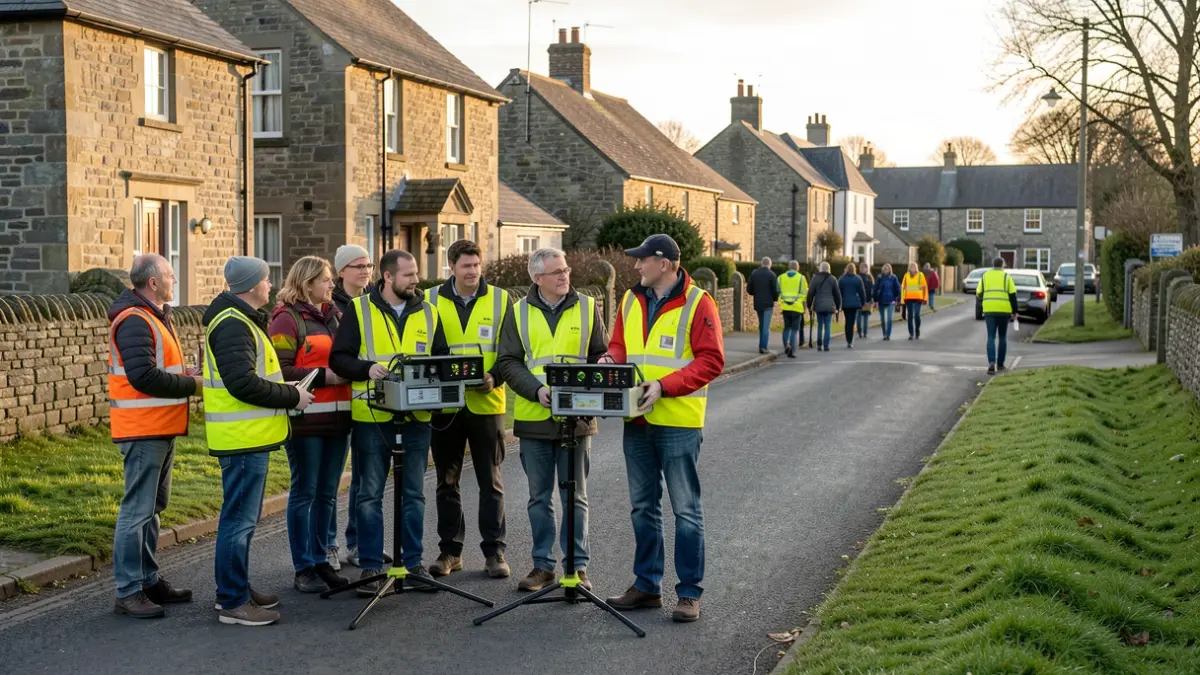 Generic image of community volunteers preparing to monitor traffic speed on a village road.