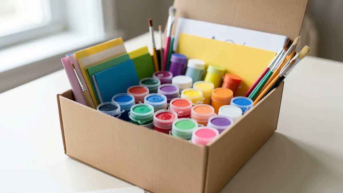 Generic image of art supplies in a wellbeing box.