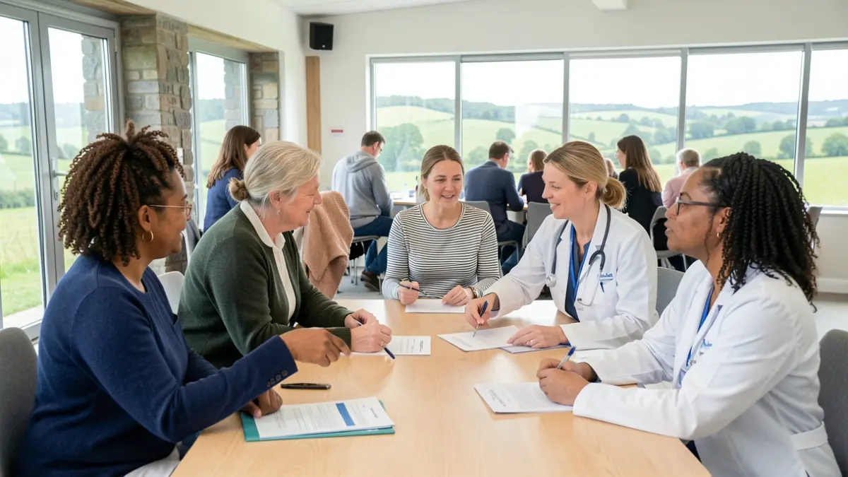 Generic image of a collaborative meeting between patients and healthcare professionals in a modern room.