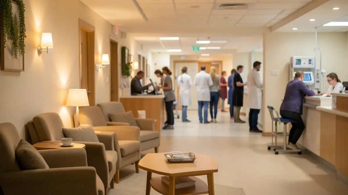 A welcoming hospital reception area with blurred medical staff and patients.