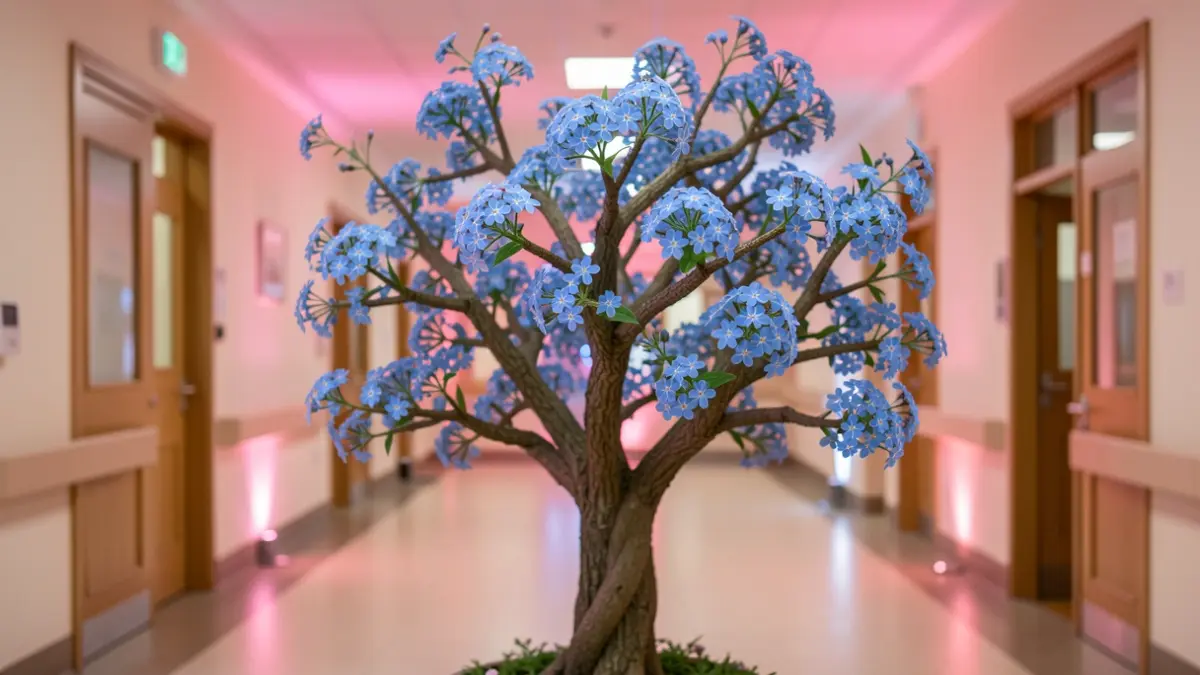 A Memory Tree with forget-me-not flowers and soft pink and blue lighting in a hospital foyer.