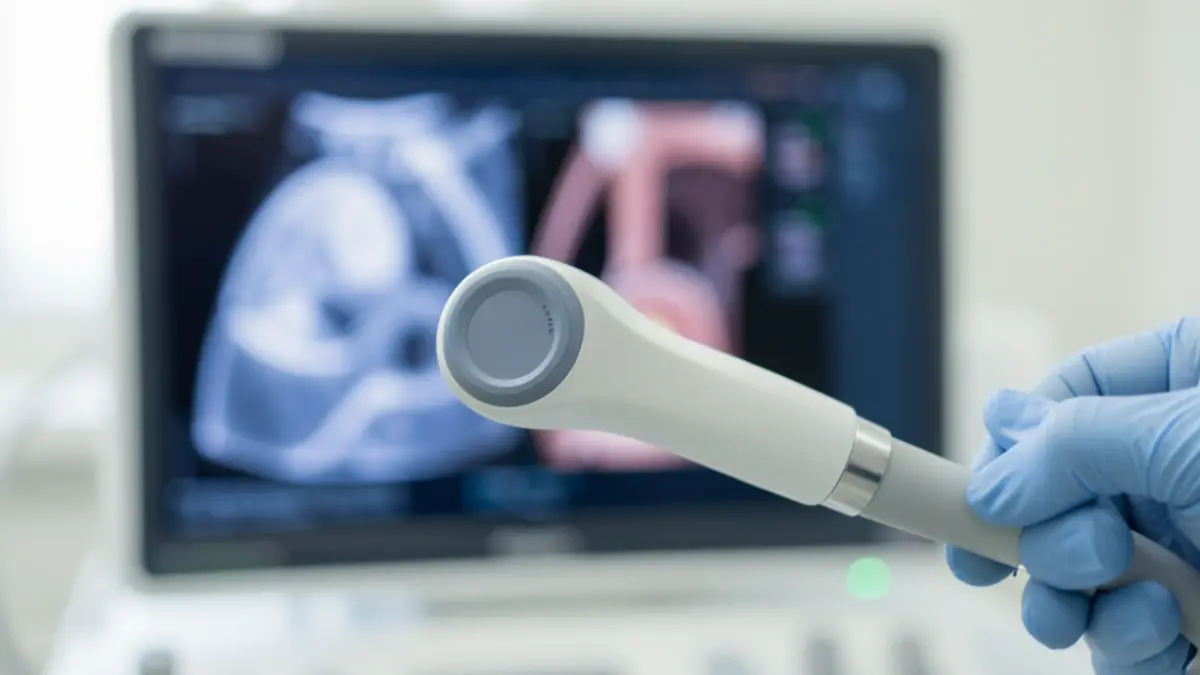 Close-up of a medical ultrasound probe and screen.