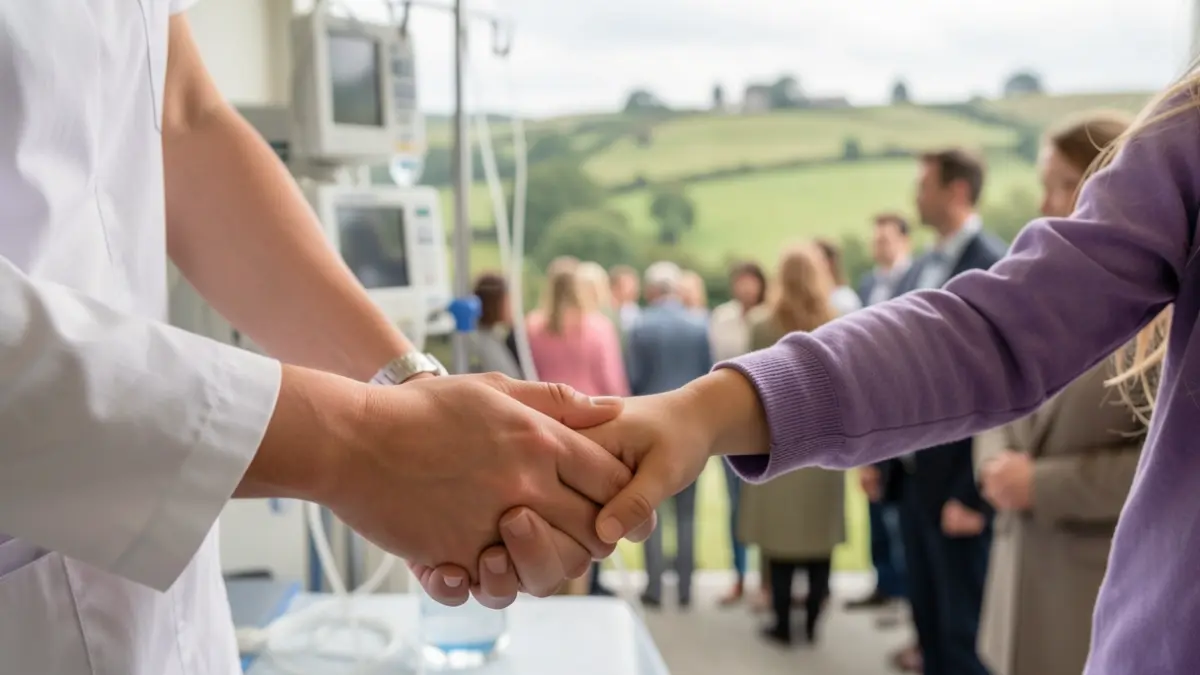 Generic image of a nurse's hand holding a child's hand, with blurred medical equipment and a Yorkshire landscape in the background.