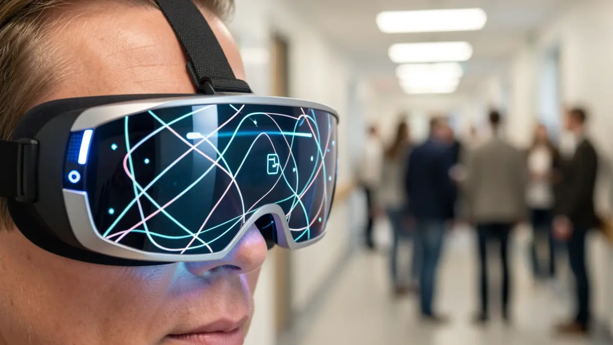 Augmented reality headset displaying rehabilitation interface.