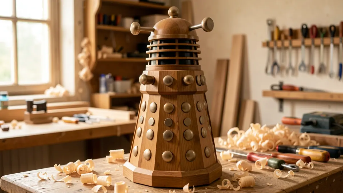 A detailed wooden Dalek sculpture created by a patient for charity.