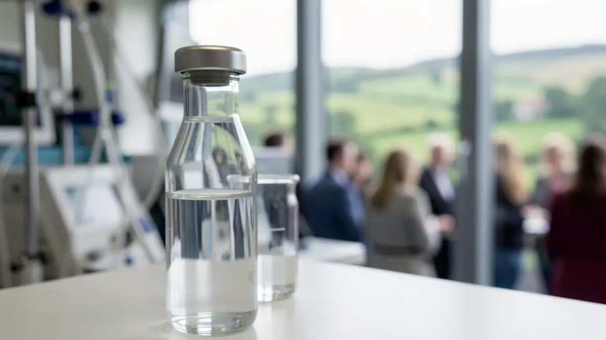 Generic image of a laboratory vial with a blurred background of medical equipment and a Yorkshire landscape.