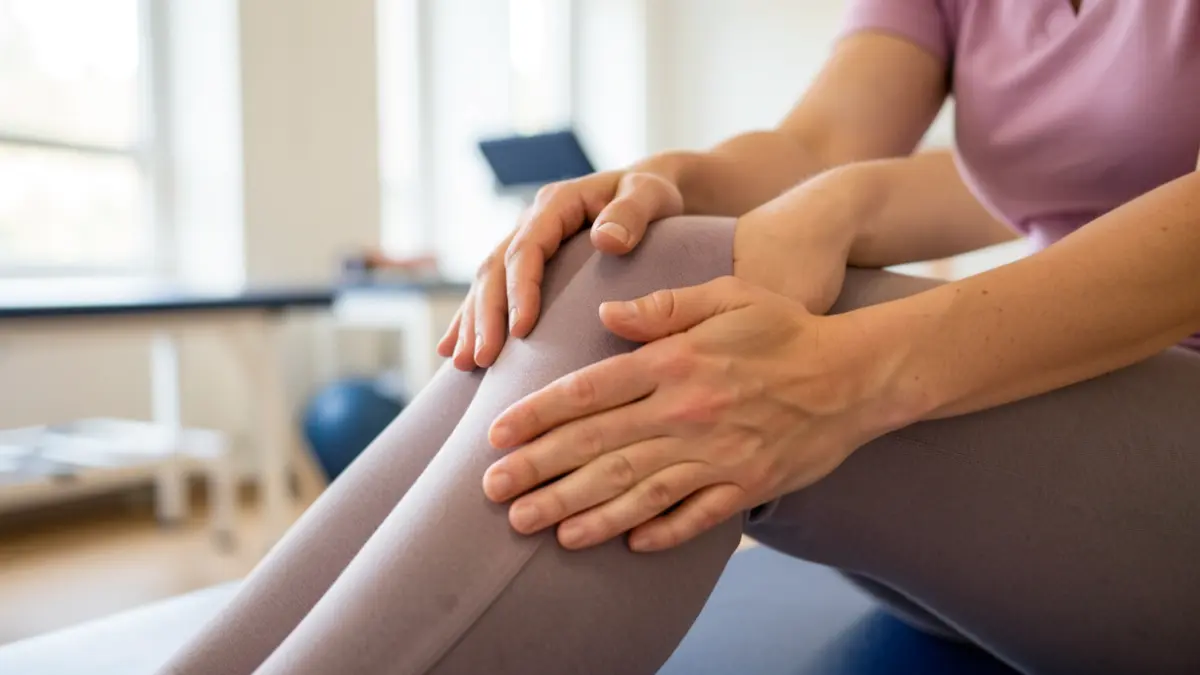Physiotherapist working with a patient's knee in a rehabilitation centre.