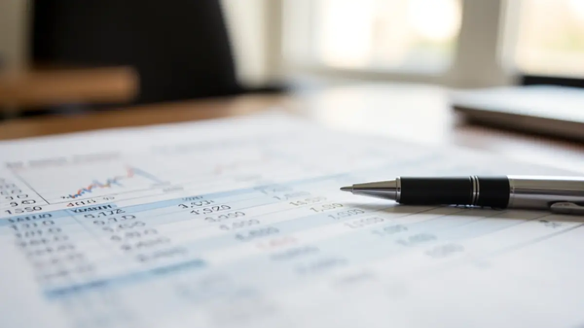 Generic image of a financial ledger with blurred numbers and charts, and a pen resting on the page.