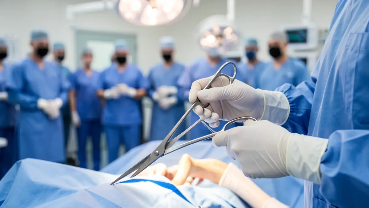 Close-up of surgical hands performing a hip replacement procedure.