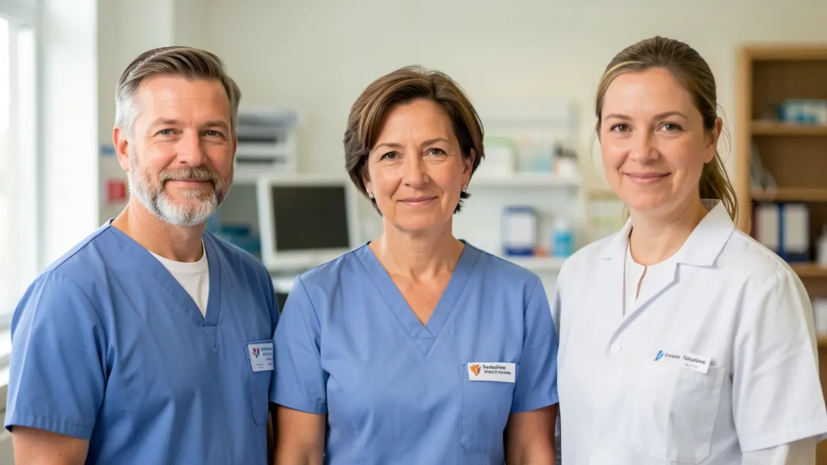Generic image of three volunteers standing together in a healthcare setting.