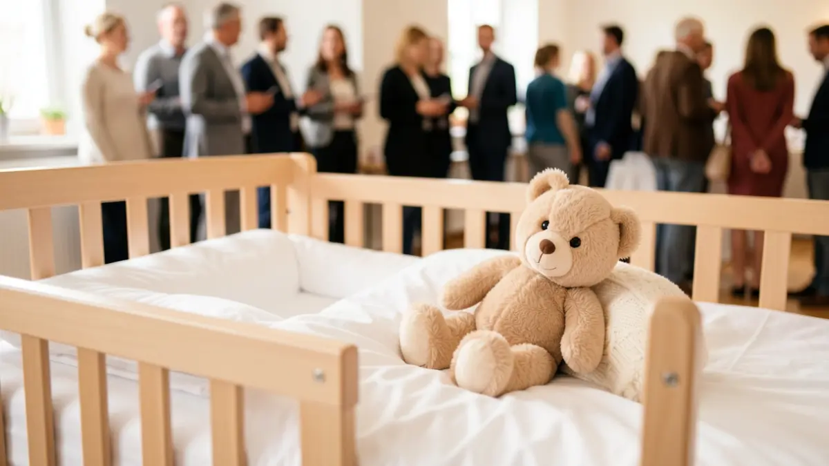 Generic image of a baby's cot with a teddy bear.