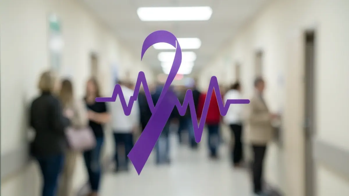 Close-up of a purple epilepsy ribbon symbol on a blurred hospital background.