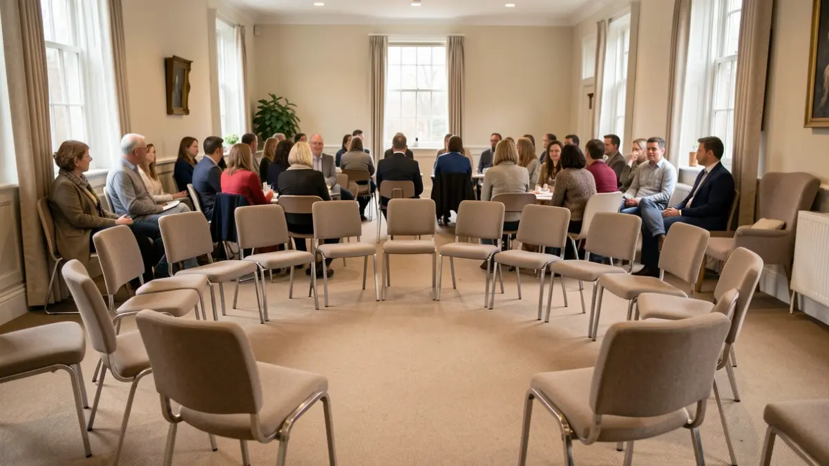 Generic image of chairs arranged in a circle in a room, suggesting a support group meeting.