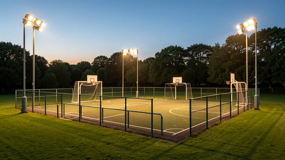 Generic image of a sports pitch with basketball hoops and goals, illuminated by floodlights at dusk.