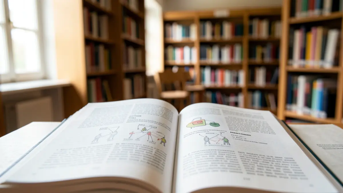 Open textbook with diagrams on social learning and prejudice reduction, in a university library setting.
