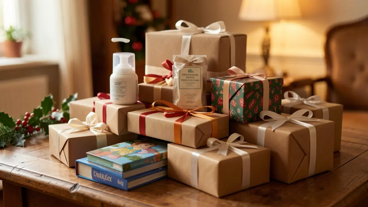 Generic image of new, unwrapped gifts suitable for adults and young people, such as toiletries, books, and puzzles, arranged on a table.